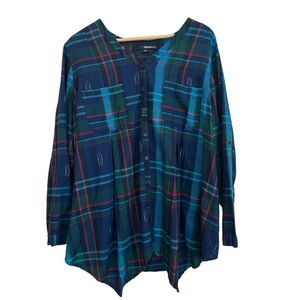 Women's 18 Wide Blue Green Plaid Casual Relaxed Cotton Button Up PLUS Blouse